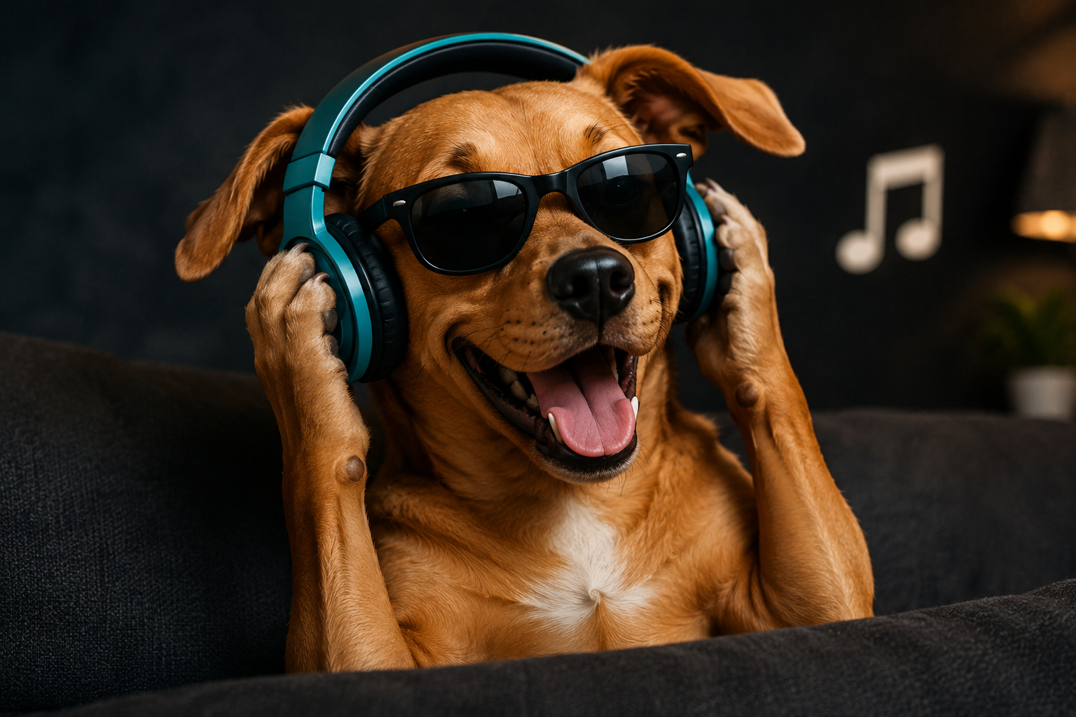 Cachorro usando óculos escuros e fones de ouvido
